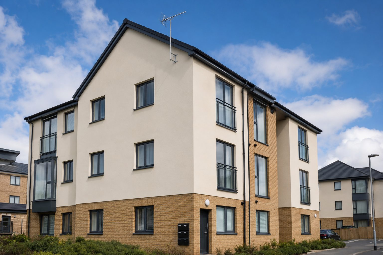 Apartment building with digital TV aerial installation near Nuneaton