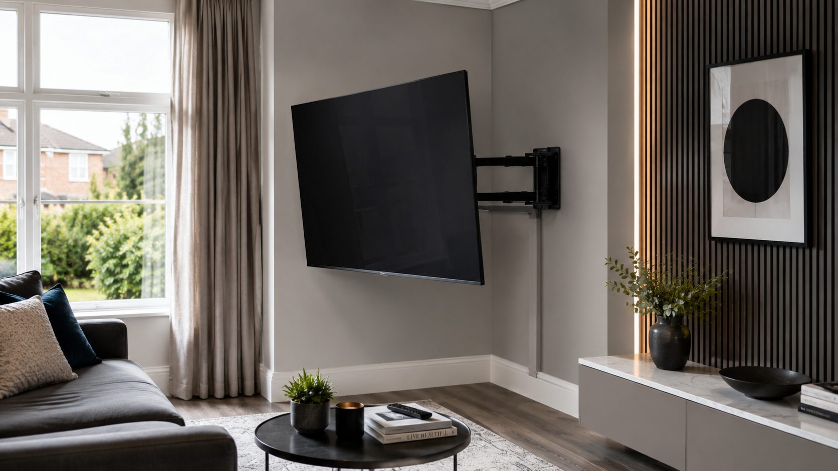 Corner TV wall mounting with adjustable bracket